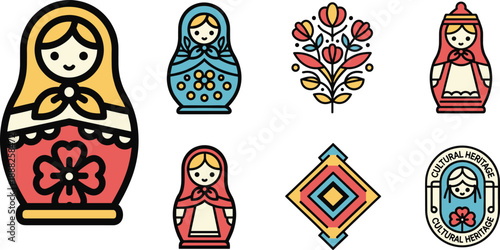 Russian Matryoshka Doll and Folk Ornament Icon Set Flat Vector Illustration