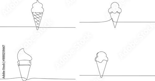 A set of Ice cream cone one continuous line art, Vector illustration, One line art, Line art graphic style