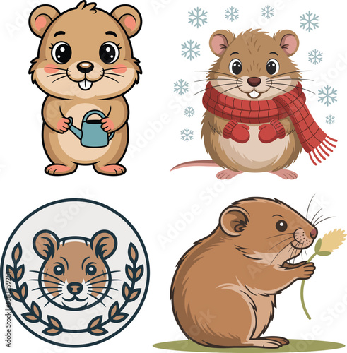 vole cute woodland rodent characters in seasonal outfits and poses set