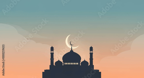 Silhouette of a mosque with domes and minarets under a crescent moon at dawn or dusk, featuring a beautiful gradient sky.