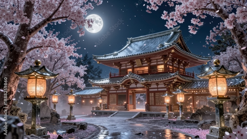 Fototapeta premium A beautiful Japanese palace with a garden and a big moon in the sky.