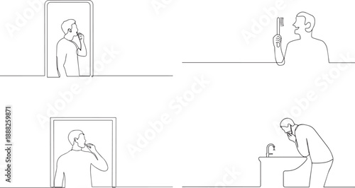 A set of Man brush his teeth one continuous line art, Vector illustration, One line art, Line art graphic style