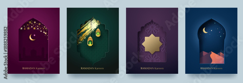 A set of Ramadan Kareem greeting cards. Patterns, paper-cut Arabic windows in Islamic style, and gradients. Suitable for greeting cards, banners, and advertising. Vector