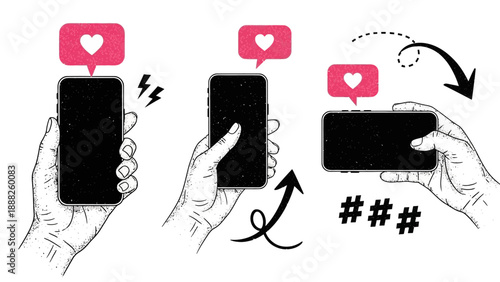 Social media engagement hands holding smartphones displaying notifications and likes, symbolizing online interaction and connection