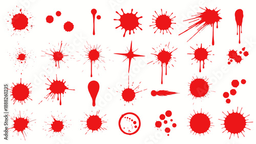 Versatile collection of vibrant red liquid splatters, drips, and ink blot elements, perfect for adding dynamic grunge and artistic impact to diverse design projects
