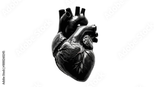 Intricate black 3D model of a human heart, starkly contrasting with a clean white background, symbolizing core human aspects and life's complexities