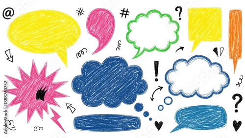 Collection of colorful hand-drawn speech bubbles and thought clouds, representing communication and ideas, in various shapes and sizes