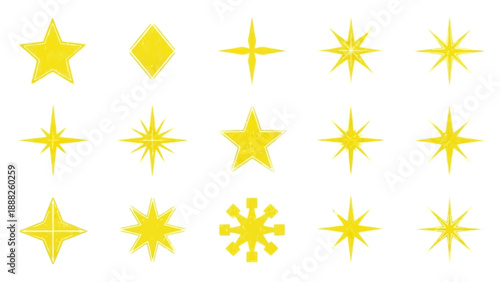 A vibrant collection of shimmering yellow star and sparkle vector design elements, perfect for adding a touch of radiant glow to festive projects and decorative graphics