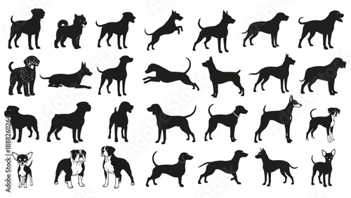 Collection of Diverse Dog Silhouettes Showcasing Various Breeds and Poses for Design Projects