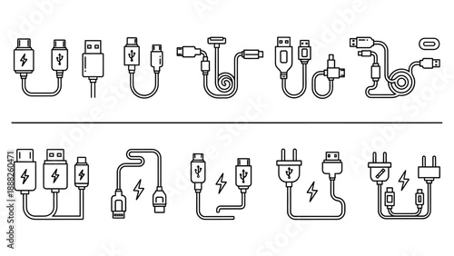 Collection of power adapter and USB cable icons for charging electronic devices