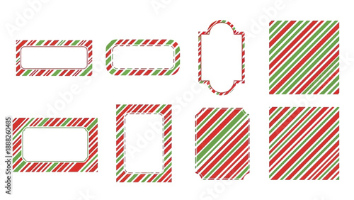 Cheerful Red and Green Striped Vector Frames and Seamless Repeating Patterns Collection for Festive Holiday Designs, Christmas Greeting Cards, and Winter Celebration Graphics