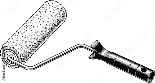 Paint roller icon set, ergonomic handle and textured surface for DIY and renovation theme - flat vector illustration