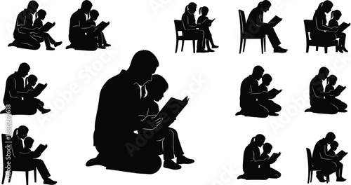 Adult and child reading icon set, silhouette scenes of shared learning and literacy - flat vector illustration