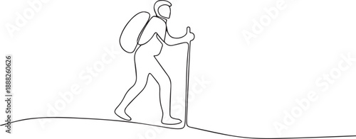 Hiker man backpacks hiking one continuous line art, Vector illustration, One line art, Line art graphic style