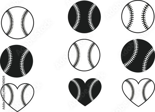 Baseball icon set, heart-shaped stitching and circular ball variations for sports theme - flat vector illustration