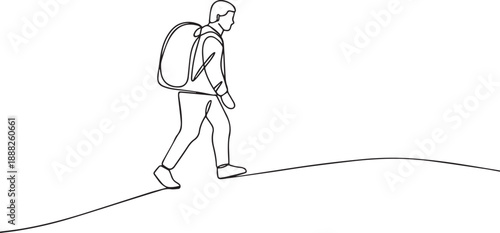Hiker man backpacks hiking one continuous line art, Vector illustration, One line art, Line art graphic style