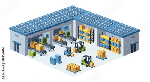 Isometric Warehouse with Solar Panels and Logistics Equipment.