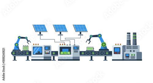 Industrial robotic arms working on assembly line with solar panels and computer screens.