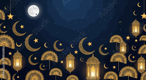 Elegant dark blue night sky with a full moon and stars, adorned with golden crescent moons, traditional lanterns, and decorative patterns, evoking a festive Islamic celebration.