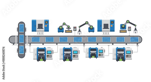 Manufacturing assembly line with robotic machines and conveyor belt.