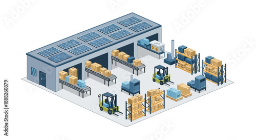 Warehouse with solar panels on the roof and forklifts.