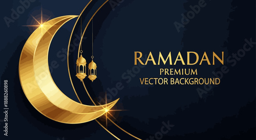 Elegant Ramadan premium vector background with a golden crescent moon and traditional lanterns on a dark blue starry sky, symbolizing Islamic celebration.
