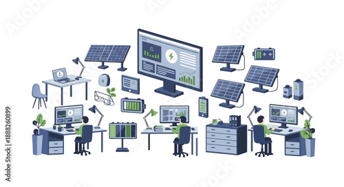 Sustainable office environment with renewable energy and technology.