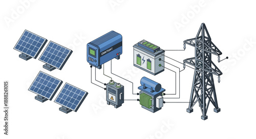 Solar Power Generation System with Panels and Grid Connection.