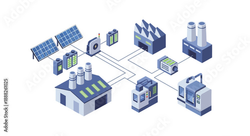 Industrial facility with solar panels and battery storage.
