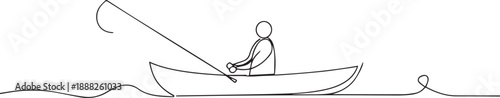 Male fisherman on a boat one continuous line art, Vector illustration, One line art, Line art graphic style