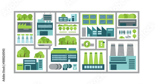 Collection of Industrial and Environmental Icons in Various Shades of Green and Blue.