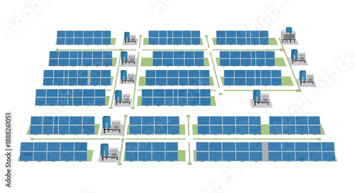 Solar power plant with multiple photovoltaic panels and infrastructure.