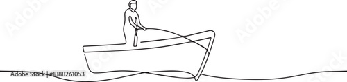 Male fisherman on a boat one continuous line art, Vector illustration, One line art, Line art graphic style