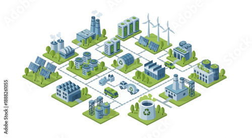 Sustainable City with Renewable Energy and Green Spaces.