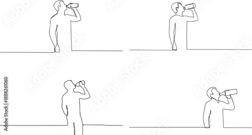 A group of Man drinking water bottle one continuous line art, Vector illustration, One line art, Line art graphic style