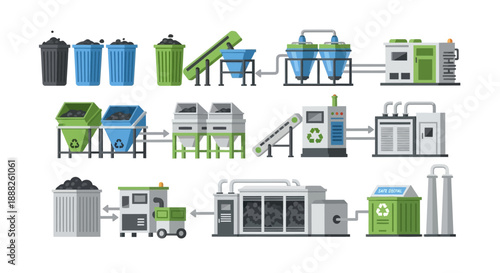 Recycling Process Flowchart with Various Machines and Equipment.