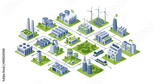 Sustainable city with green spaces and renewable energy sources.