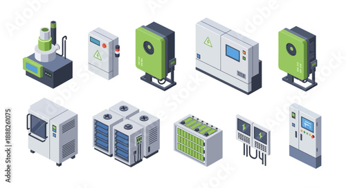 Collection of various industrial equipment and machinery icons.