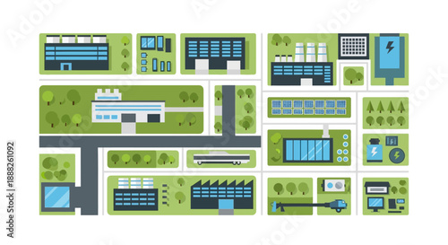 Collection of various office buildings and industrial facilities in a campus setting.