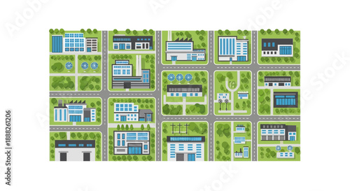 Aerial view of a suburban neighborhood with houses and gardens.