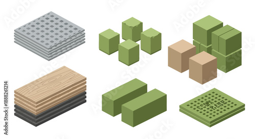 Collection of various 3D rectangular blocks and layered materials.