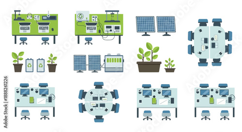 Office workspace layouts and equipment illustrations collection.