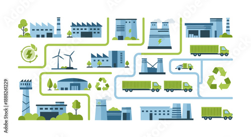 Sustainable Industrial Process Flowchart with Recycling and Renewable Energy.
