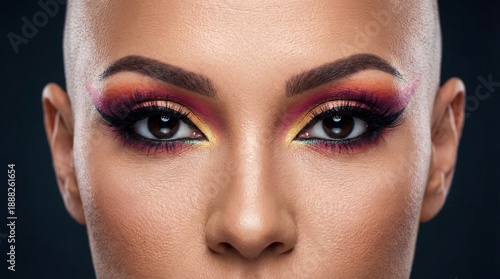 Woman with bald head and dramatic multicolored eye makeup in close-up portrait. Provocative gaze and bold beauty expression. Absurd fashion concept for vibrant modern style and artistic provocation