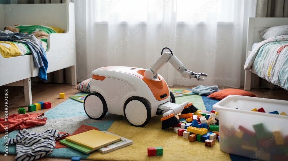 Fototapeta premium Domestic robot vacuum cleaner tidying up scattered toys in childrens bedroom. AI household helper managing playroom mess for family convenience and smart home automation concept.