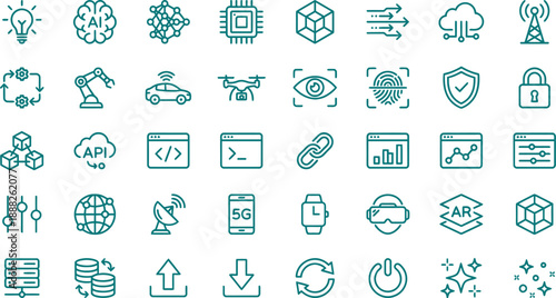 Comprehensive vector icon set showcasing artificial intelligence, digital innovation, cloud computing, data analysis, cybersecurity, and modern technology