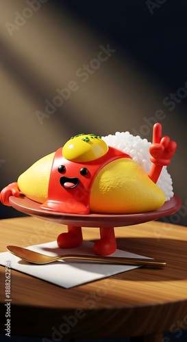 Funny cartoon sushi character on plate with rice and utensils