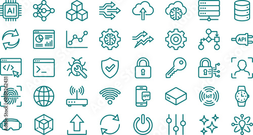 Comprehensive Vector Line Icons Collection for Modern Technology, Data Security, and Digital Innovation Projects