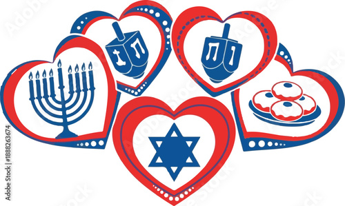 Silhouette of jewish symbols in red hearts