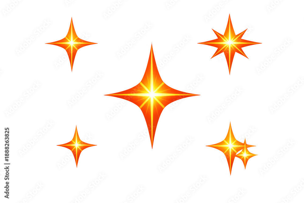 Obraz premium Star sparkle set featuring glowing orange and yellow light effects. Shining starburst elements on transparent background